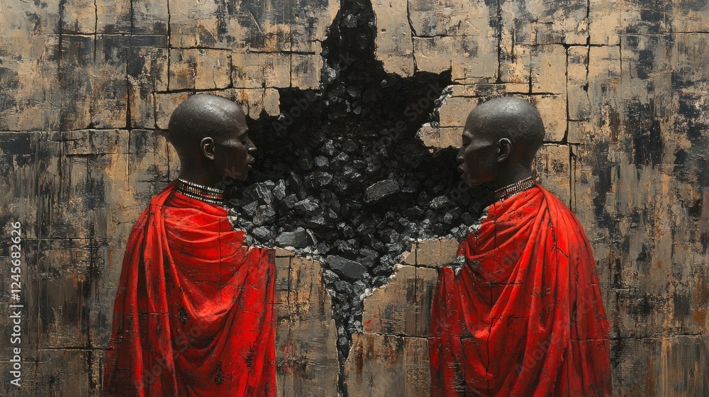 Poster abstract representation of two maasai figures traditional shukas breaking apart into stone fragments