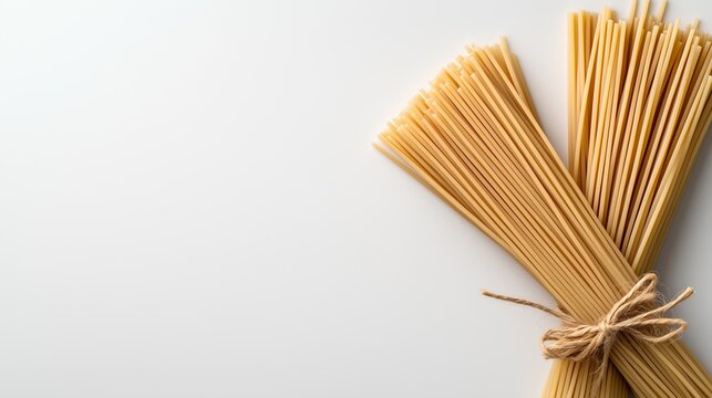 A bundle of uncooked spaghetti tied with string on a light background. Copy space