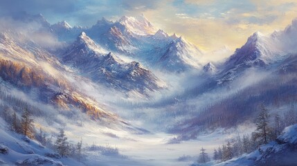 Obraz premium A peaceful winter landscape featuring majestic snow-covered mountains, with mist rolling through the valleys, creating an ethereal mood.
