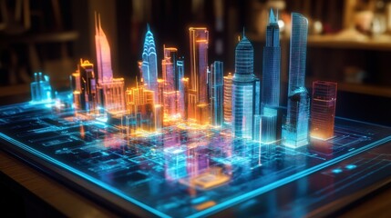 Digital Cityscape Representation with Neon Elements and Technology Effects