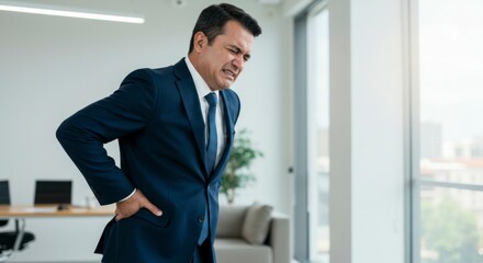Businessman in a suit experiencing back pain in a modern office environment with city view