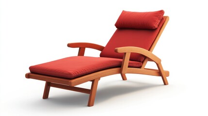 Fototapeta premium A red outdoor wooden lounge chair with a cushion, isolated on a white background. The style is simple. background