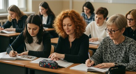 Group of diverse women engaged in note-taking during a classroom session, focused learning atmosphere