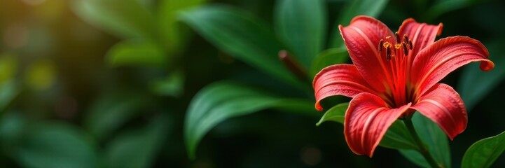 Crimson red lily, vibrant petals, lush green leaves, design, close-up