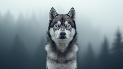 Obraz premium The Impact of PM 2.5 on Health and Environment Themed, Majestic wolf with striking blue eyes in misty forest setting