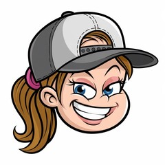 Smiling girl cartoon character head wearing a baseball cap