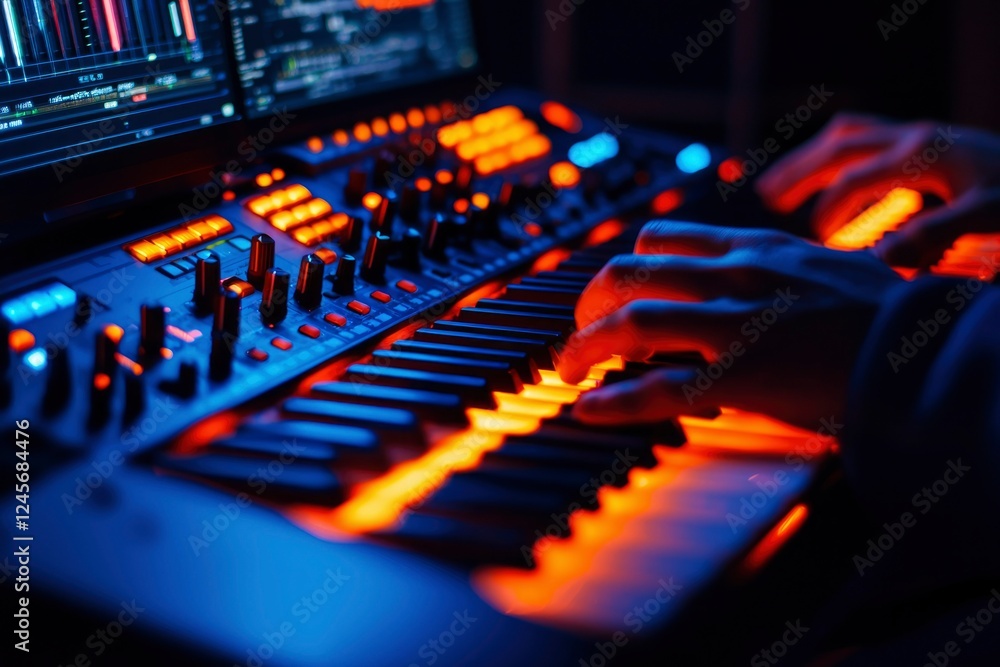 Poster hands playing keyboard synthesizer in dark studio
