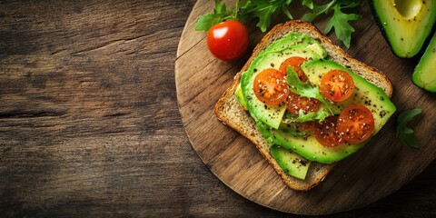 Fresh avocado toast with sliced tomatoes and arugula served on a wooden board; featuring green, red, and brown colors in a rustic arrangement.