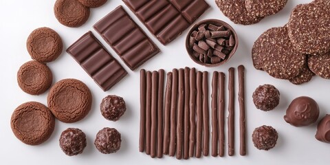 Delicious assortment of chocolate treats including cookies, wafers, truffles, and bars arranged artfully on a clean white background.