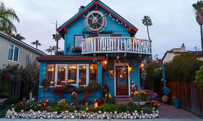 Fototapeta premium Nautical-Themed Cottage with a Crow's Nest Balcony for a Seaside Retreat with Coastal Views