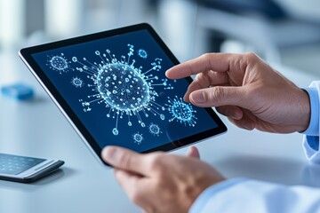 A person interacts with a digital tablet displaying a detailed virus model, symbolizing modern medical research technology.