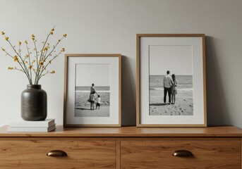two picture frames on a wooden sideboard