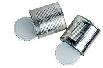 Old empty tin cans on white background