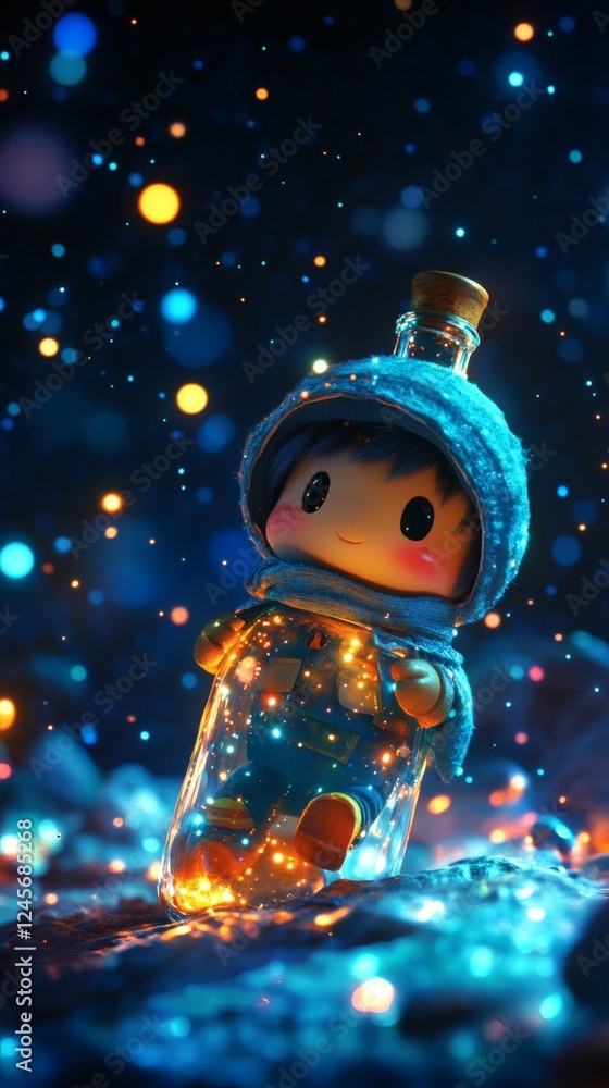 Poster adorable character trapped in a glass bottle against a dark cosmic backdrop the scene is rendered wi
