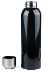 Black empty stainless thermo water bottle close-up isolated on a white background.