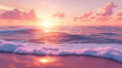 Obraz premium A serene digital ocean view with gentle waves rolling onto the shore, under a bright sunset sky filled with warm colors like amber and coral.