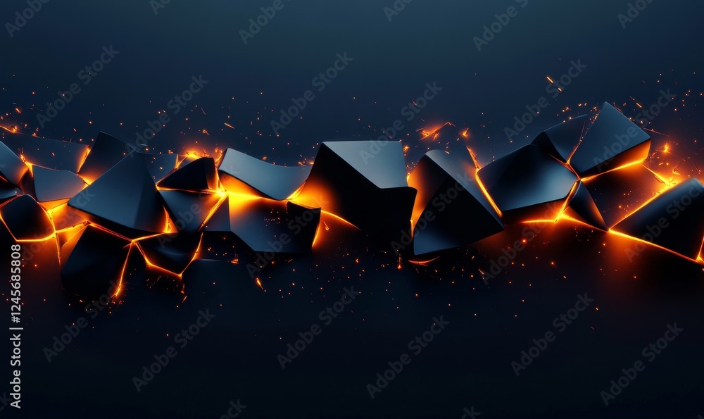 Poster abstract 3d composition of fragmented shapes with glowing edges., generative ai