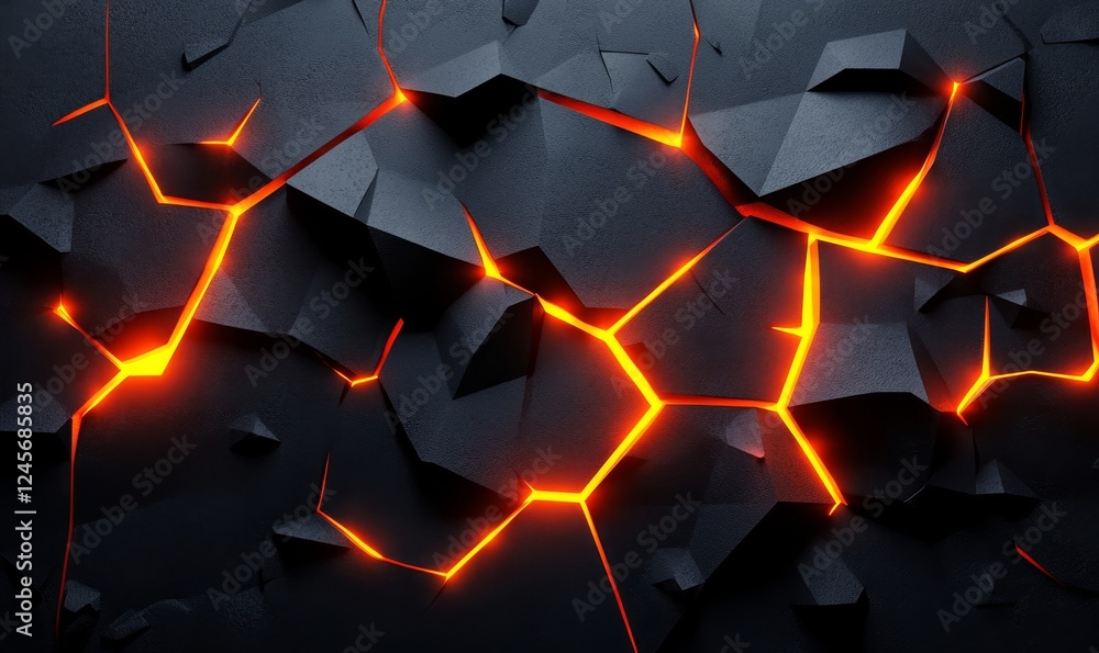 Poster abstract 3d composition of fragmented shapes with glowing edges., generative ai
