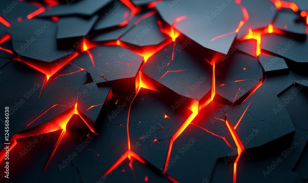 Poster abstract 3d composition of fragmented shapes with glowing edges., generative ai