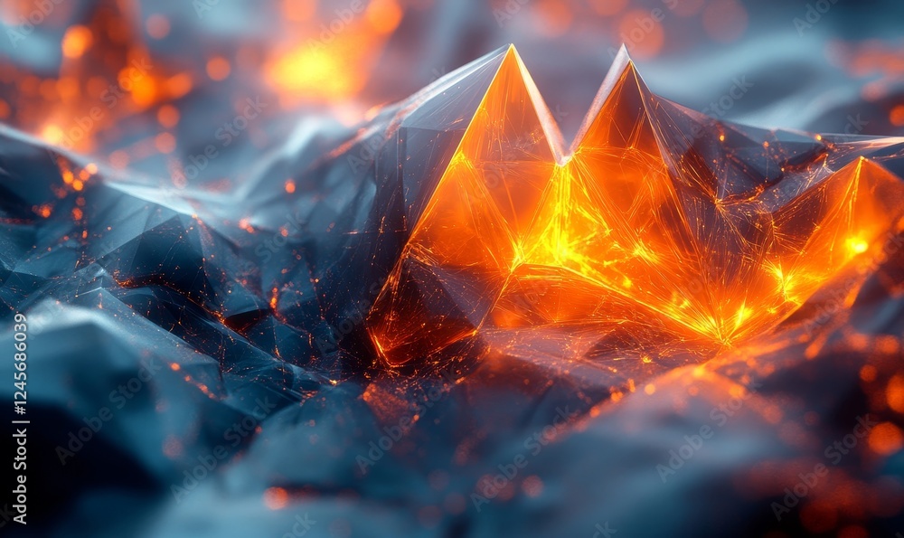 Poster abstract 3d composition of fragmented shapes with glowing edges., generative ai