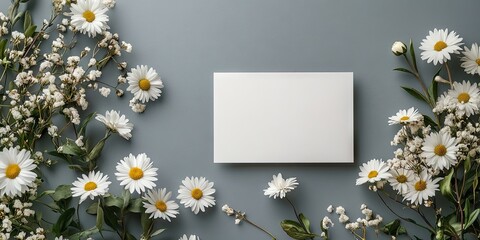 White rectangular card surrounded by white daisies and greenery on a soft gray background, creating an elegant floral frame for branding or greeting.