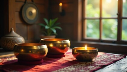 Gleaming Tibetan bowls and gong, peaceful meditation space, ambiance, Asia