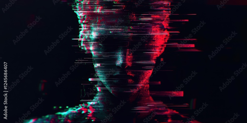 Poster Blurry image of a face with a red and green background