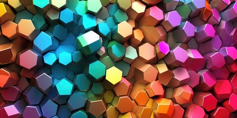 Colorful hexagonal shapes in vibrant hues of blue, red, green, yellow, and pink densely packed in a 3D abstract geometric formation.