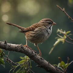 A beautiful female sparrow collecting twigs for its nest, with a blurred forest backdrop.