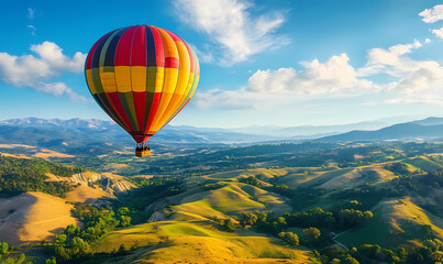 Obraz premium Hot Air Balloon Panoramic View – Float Gently Over Scenic Landscapes for a Peaceful Adventure