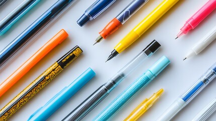 19. A collection of assorted colored pens laid out on a white background