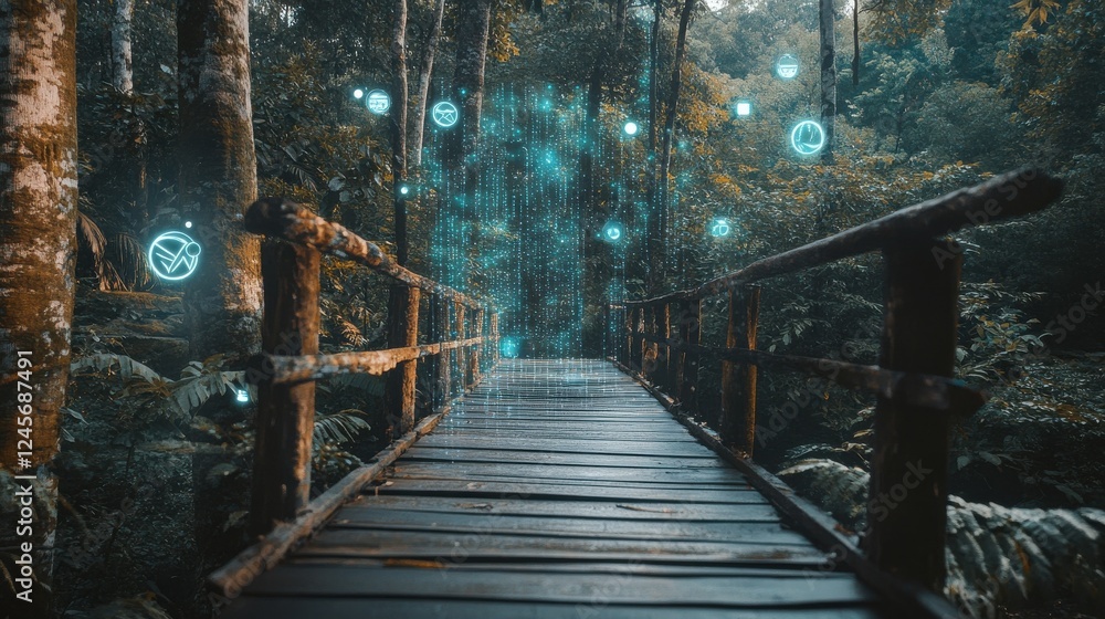 Poster enchanted forest path with digital elements and ethereal vibes