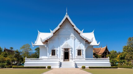 Fototapeta premium Cultural iconic Thailand, A stunning white temple with intricate architecture, set against a clear blue sky, surrounded by greenery and traditional Thai structures.