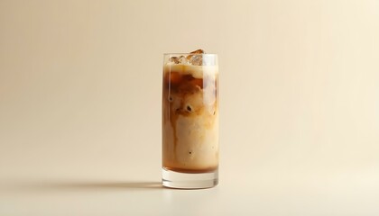 Un vaso alto lleno de una bebida cremosa de café helado, con un chorrito de café y cubitos de hielo en la parte superior. La bebida tiene una apariencia en capas con remolinos de color marrón claro
