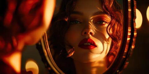 Fototapeta premium Woman is looking at her reflection in a mirror