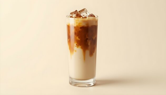 Un vaso alto lleno de una bebida cremosa de caf&eacute; helado, con un chorrito de caf&eacute; y cubitos de hielo en la parte superior. La bebida tiene una apariencia en capas con remolinos de color marr&oacute;n claro