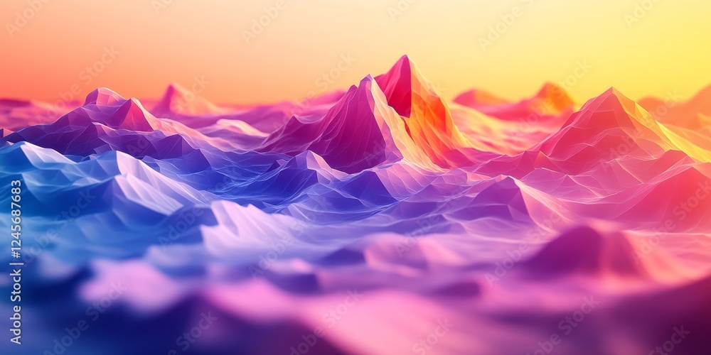 Poster abstract 3d composition of low poly shapes creating a chaotic landscape., generative ai