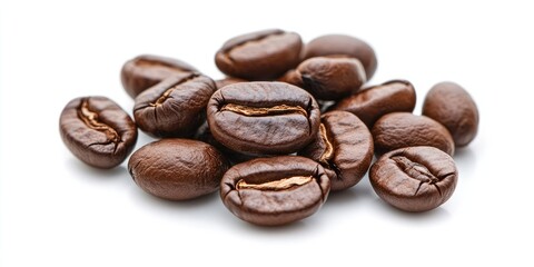 Obraz premium Close up of glossy brown coffee beans scattered on a clean white background highlighting their rich textures and natural shades for coffee lovers.