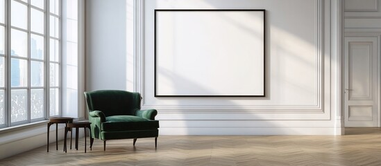 Fototapeta premium Elegant Living Room Interior Design with Emerald Green Armchair and Large Blank Canvas