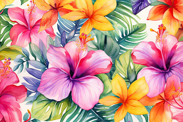 Vibrant Watercolor Hibiscus and Tropical Leaves Pattern