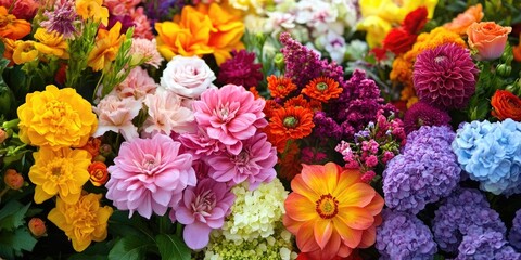 Vibrant mixed flower bouquet featuring yellow marigolds, pink dahlias, purple asters, and red zinnias in a lush arrangement, bright floral colors.