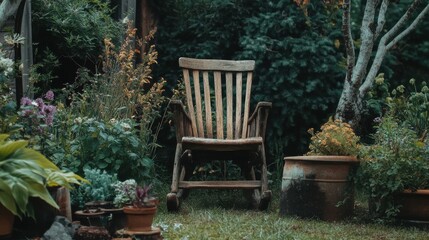 Obraz premium Rustic Wooden Chair Surrounded by Lush Greenery and Garden Plants