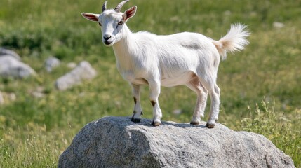 Fototapeta premium White Goat on a Rock in a Meadow