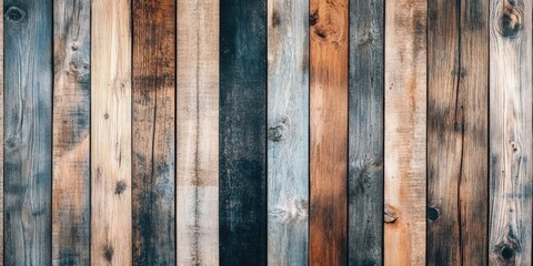 Rustic aged wood texture background featuring vertical panels in varying shades of brown, gray, and blue, creating a weathered appearance.