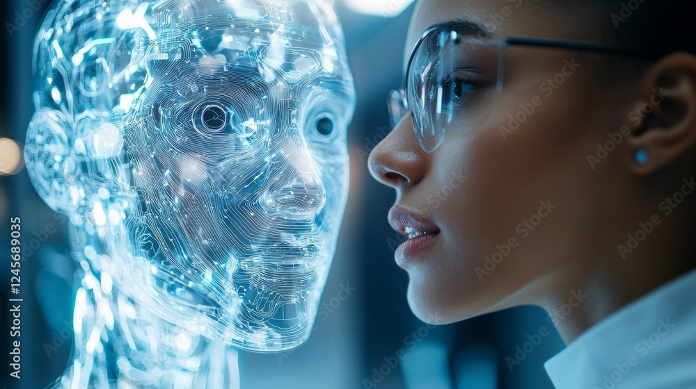 Poster in a modern laboratory, a young woman with glasses closely interacts with a humanoid robot. the robo