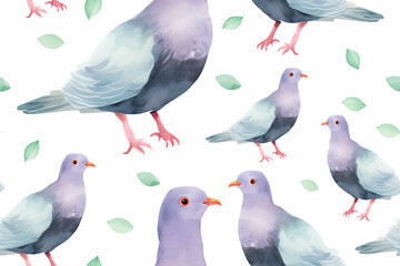 Watercolor Seamless Pattern of Pastel Pigeons and Leaves