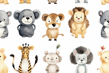 Adorable Watercolor Cartoon Animals Illustration Pattern