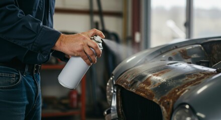 A mechanic sprays rust remover on a classic car hood in a workshop, with tools in the background
