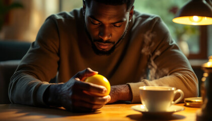 Contemplative Moment: A Man Holding a Lemon,  Evening Light