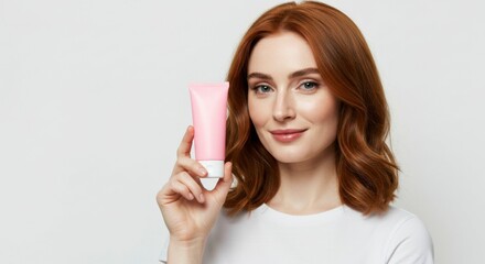 Naklejka premium Young woman holding a pink skincare tube, smiling confidently against a plain background